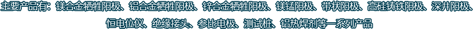 主要產(chǎn)品有：鎂合金犧牲陽極、鋁合金犧牲陽極、鋅合金犧牲陽極、鎂錳陽極、帶狀陽極、高硅鑄鐵陽極、深井陽極、恒電位儀、絕緣接頭、參比電極、測試樁、鋁熱焊劑等一系列產(chǎn)品